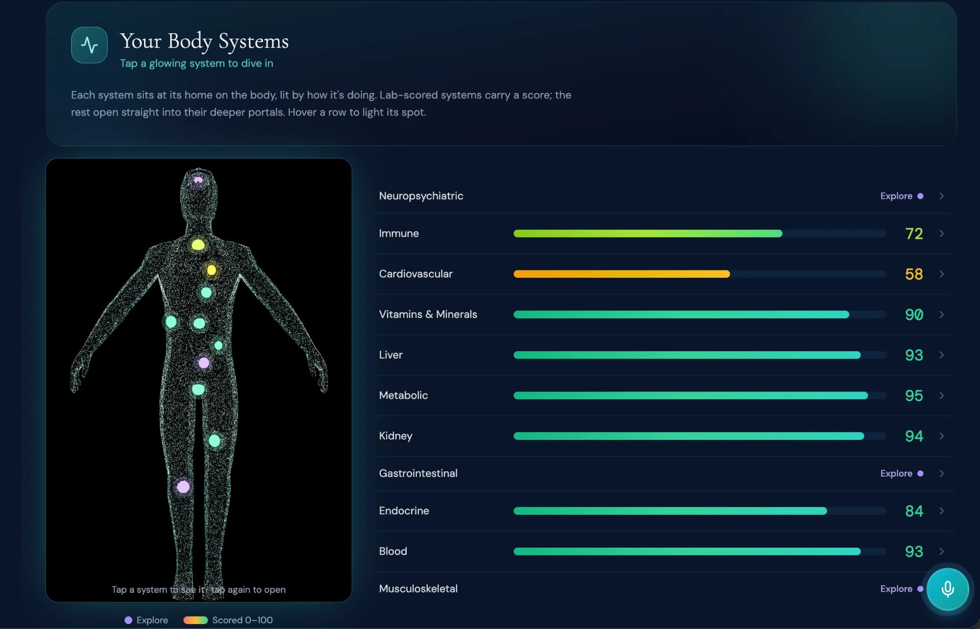 Your Body Systems โ eleven body systems visualized at their anatomical home with scores. Cardiovascular at 58, Immune at 72, Vitamins & Minerals at 90, Liver at 93, Metabolic at 95, Kidney at 94, Endocrine at 84, Blood at 93. Neuropsychiatric, Gastrointestinal, and Musculoskeletal open into their deeper portals.